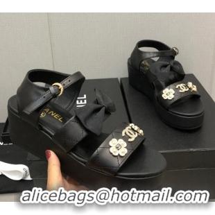 Luxurious Chanel Lambskin Platform Sandals with Pearl and Bow Black 505046