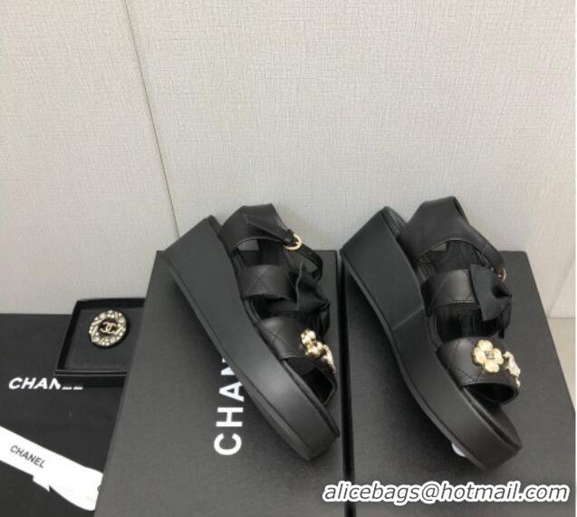 Luxurious Chanel Lambskin Platform Sandals with Pearl and Bow Black 505046