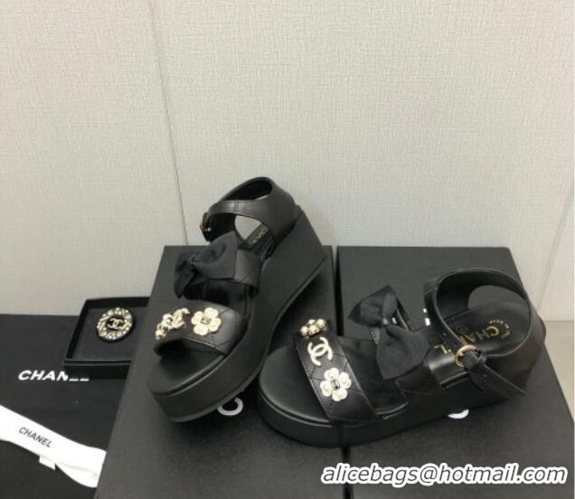 Luxurious Chanel Lambskin Platform Sandals with Pearl and Bow Black 505046