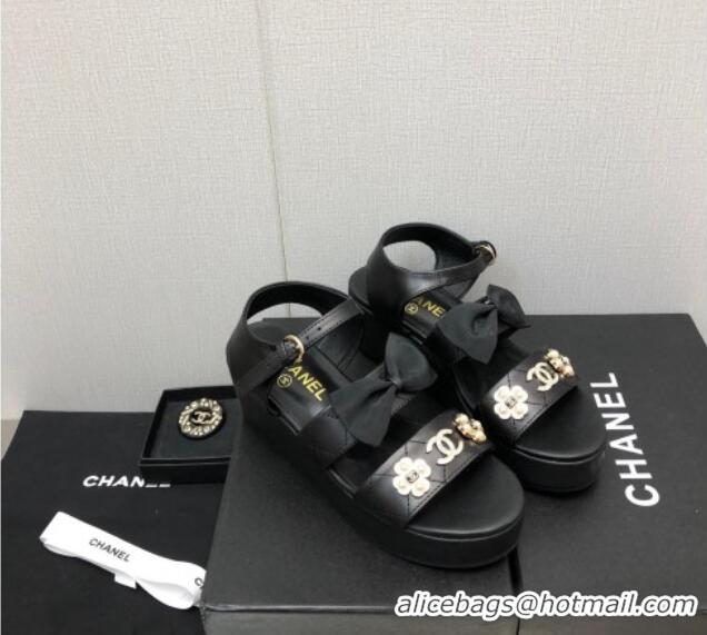 Luxurious Chanel Lambskin Platform Sandals with Pearl and Bow Black 505046