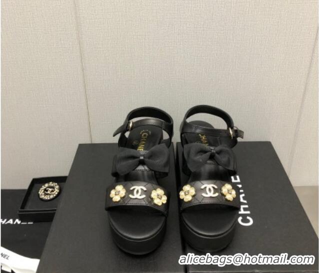 Luxurious Chanel Lambskin Platform Sandals with Pearl and Bow Black 505046