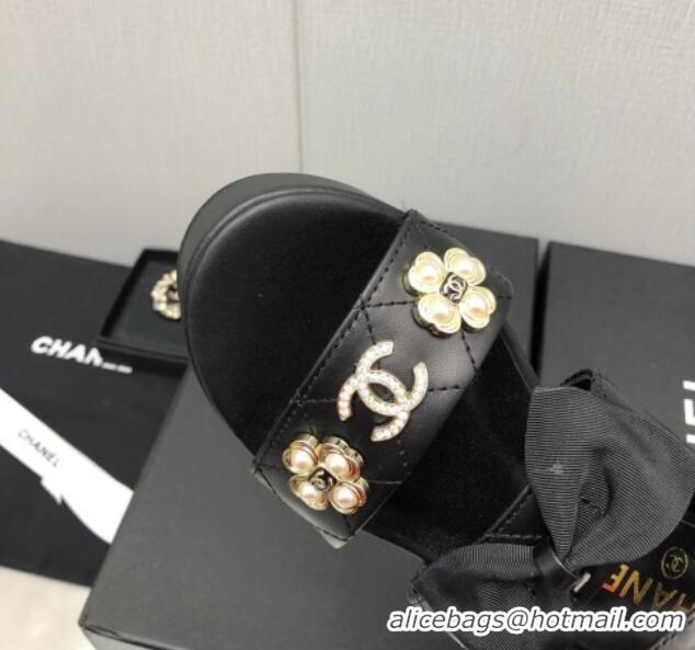 Luxurious Chanel Lambskin Platform Sandals with Pearl and Bow Black 505046