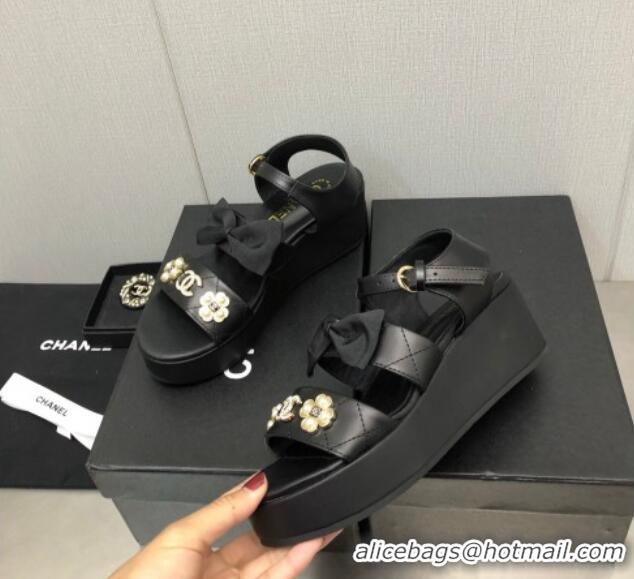 Luxurious Chanel Lambskin Platform Sandals with Pearl and Bow Black 505046