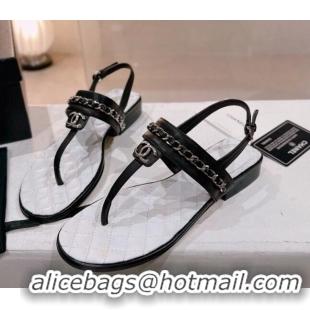 Good Looking Chanel Calfskin Flat Thong Sandals with Chain Black 505047