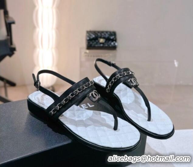 Good Looking Chanel Calfskin Flat Thong Sandals with Chain Black 505047