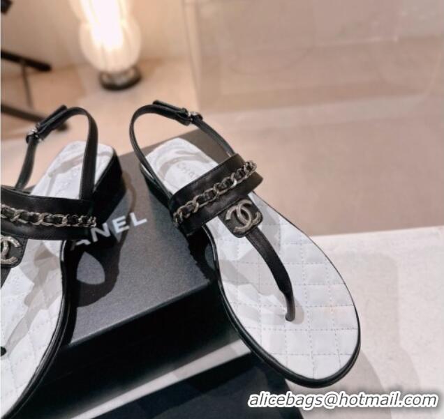 Good Looking Chanel Calfskin Flat Thong Sandals with Chain Black 505047