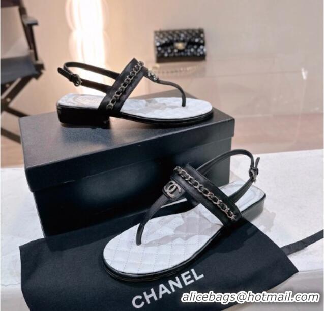 Good Looking Chanel Calfskin Flat Thong Sandals with Chain Black 505047