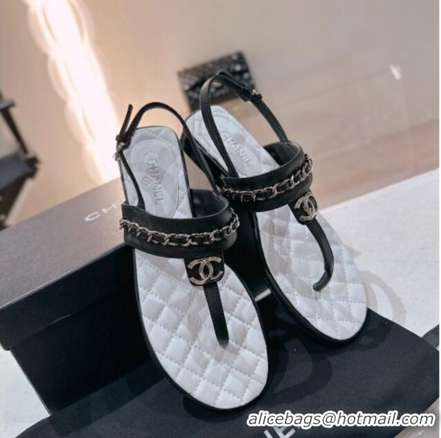 Good Looking Chanel Calfskin Flat Thong Sandals with Chain Black 505047