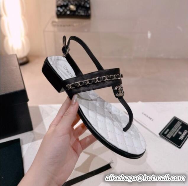 Good Looking Chanel Calfskin Flat Thong Sandals with Chain Black 505047