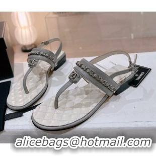 Good Product Chanel Calfskin Flat Thong Sandals with Chain Grey 505048