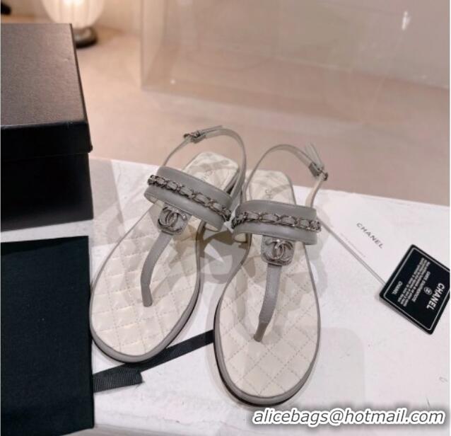 Good Product Chanel Calfskin Flat Thong Sandals with Chain Grey 505048