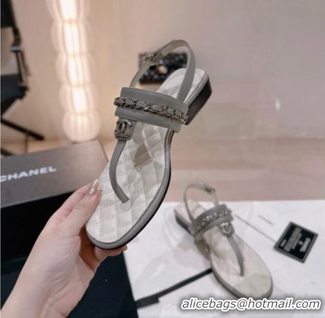 Good Product Chanel Calfskin Flat Thong Sandals with Chain Grey 505048