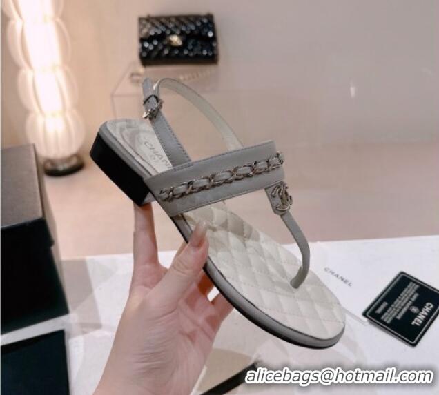 Good Product Chanel Calfskin Flat Thong Sandals with Chain Grey 505048