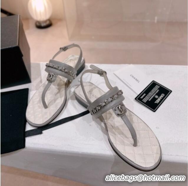 Good Product Chanel Calfskin Flat Thong Sandals with Chain Grey 505048