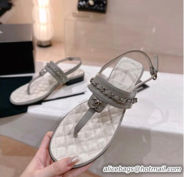 Good Product Chanel Calfskin Flat Thong Sandals with Chain Grey 505048