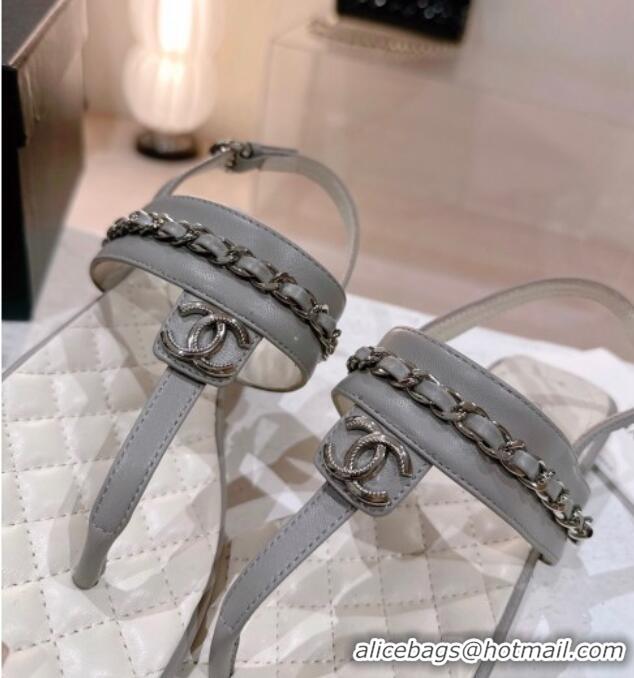 Good Product Chanel Calfskin Flat Thong Sandals with Chain Grey 505048