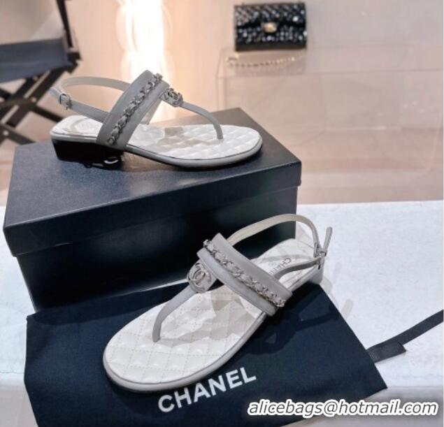 Good Product Chanel Calfskin Flat Thong Sandals with Chain Grey 505048