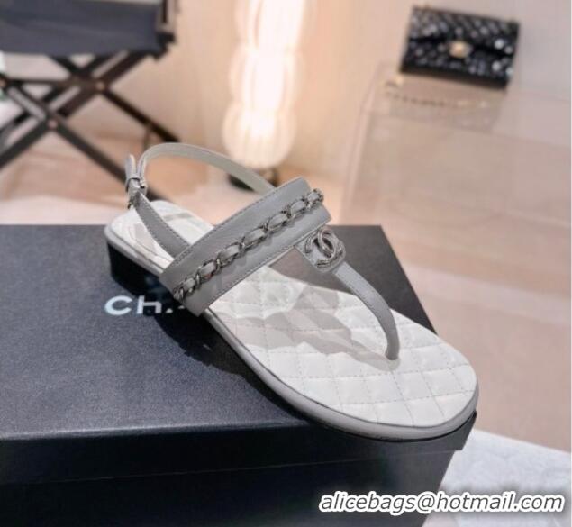 Good Product Chanel Calfskin Flat Thong Sandals with Chain Grey 505048