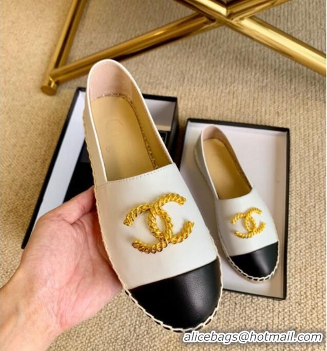 Top Design Chanel Lambskin Espadrilles with Metal CC White 505065