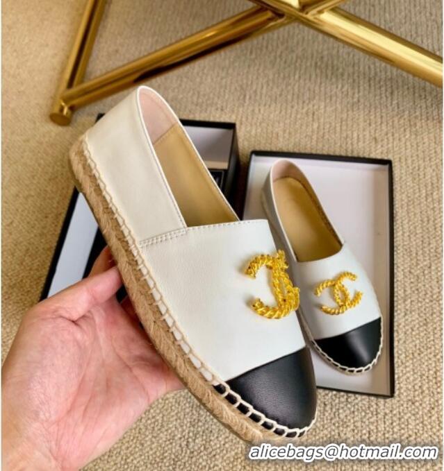 Top Design Chanel Lambskin Espadrilles with Metal CC White 505065