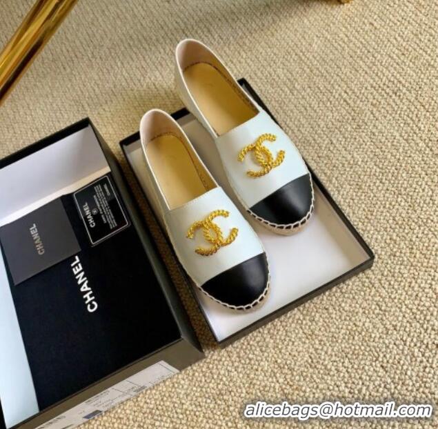 Top Design Chanel Lambskin Espadrilles with Metal CC White 505065