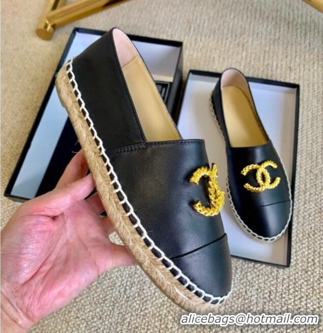 Sumptuous Chanel Lambskin Espadrilles with Metal CC Black 505066