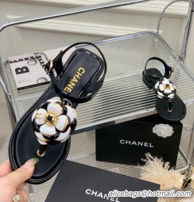 Discount Chanel Lambskin Heel Tong Sandals 3cm with Camellia Bloom Black 505073