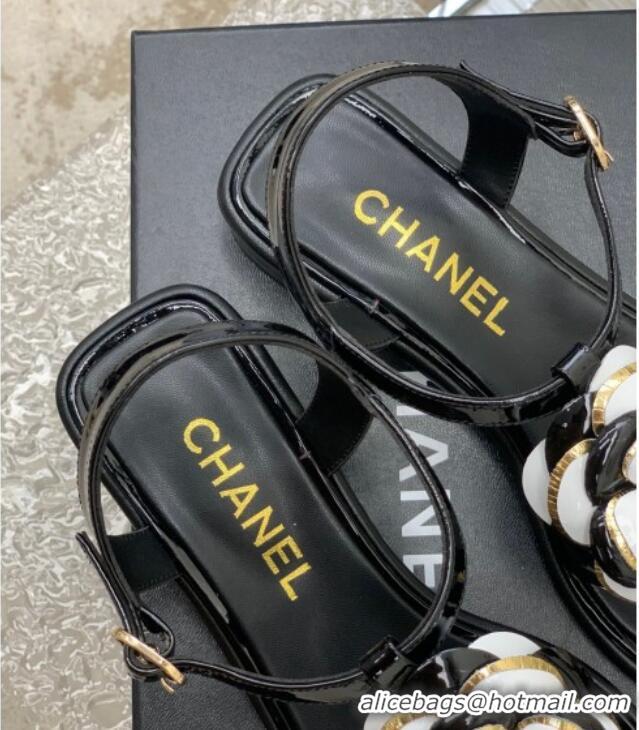 Discount Chanel Lambskin Heel Tong Sandals 3cm with Camellia Bloom Black 505073