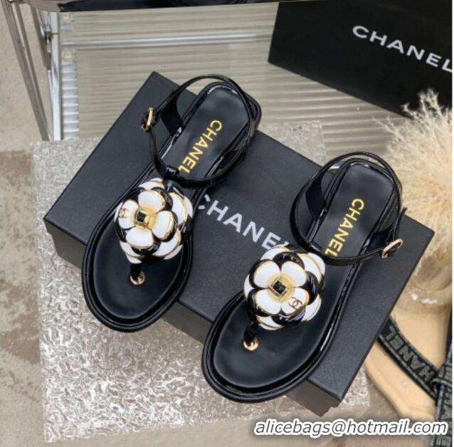 Discount Chanel Lambskin Heel Tong Sandals 3cm with Camellia Bloom Black 505073