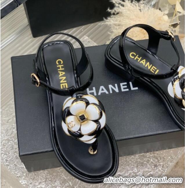 Discount Chanel Lambskin Heel Tong Sandals 3cm with Camellia Bloom Black 505073