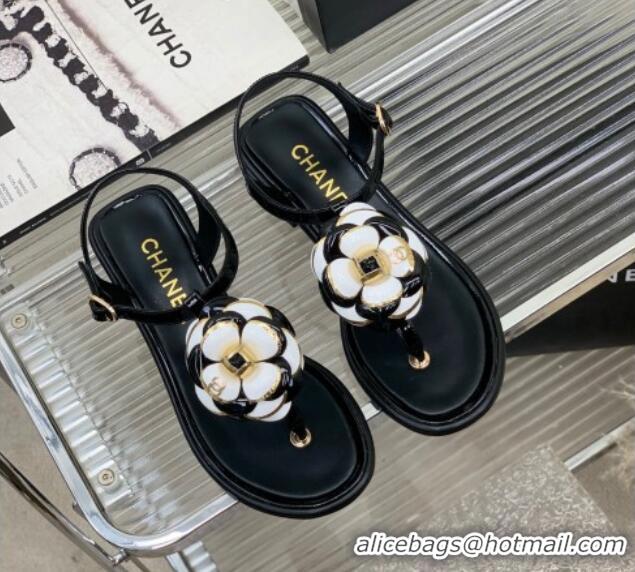 Discount Chanel Lambskin Heel Tong Sandals 3cm with Camellia Bloom Black 505073