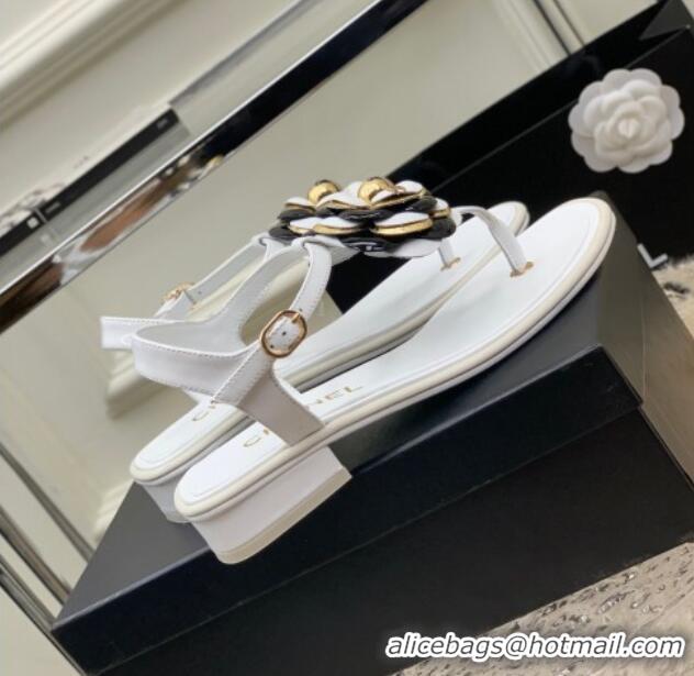 Luxury Chanel Lambskin Heel Tong Sandals 3cm with Camellia Bloom White 505074