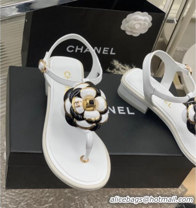 Luxury Chanel Lambskin Heel Tong Sandals 3cm with Camellia Bloom White 505074