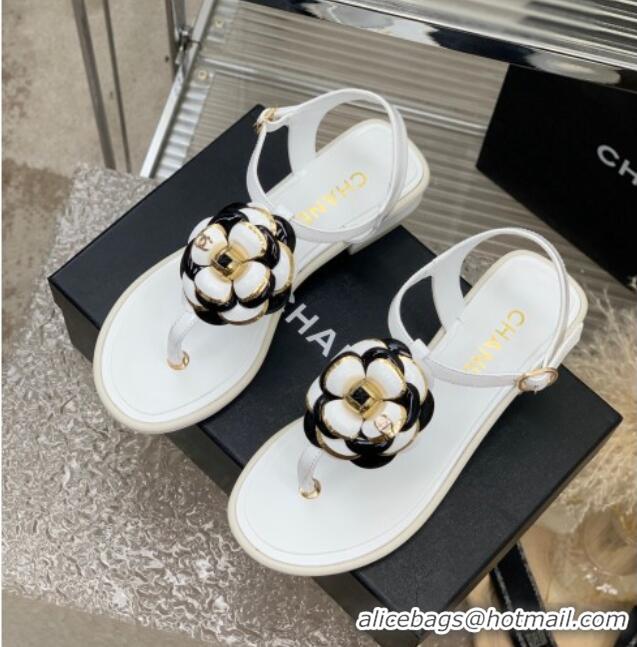 Luxury Chanel Lambskin Heel Tong Sandals 3cm with Camellia Bloom White 505074