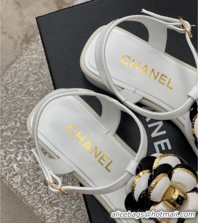 Luxury Chanel Lambskin Heel Tong Sandals 3cm with Camellia Bloom White 505074