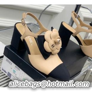 Grade Chanel Calfskin Pumps with Camellia Bloom 7cm Beige 505075