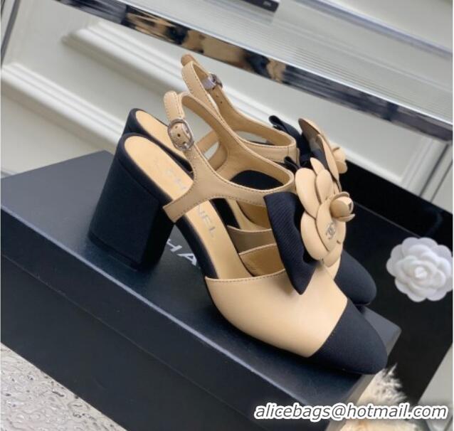 Grade Chanel Calfskin Pumps with Camellia Bloom 7cm Beige 505075