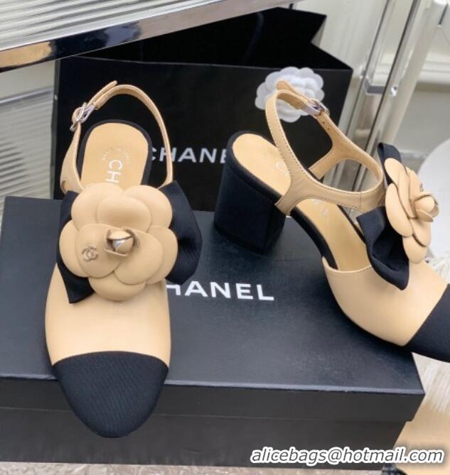 Grade Chanel Calfskin Pumps with Camellia Bloom 7cm Beige 505075