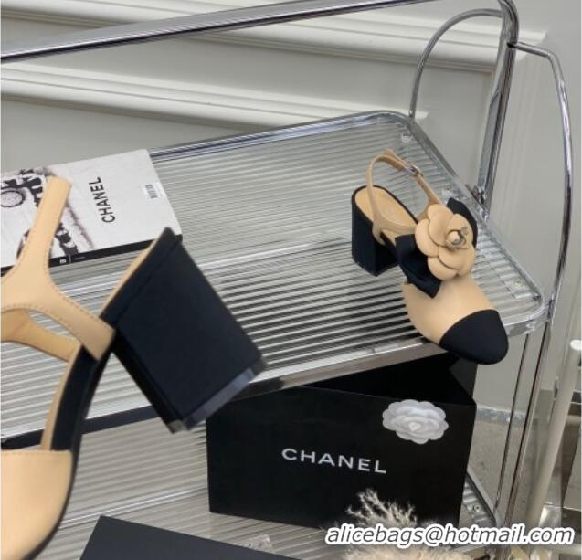 Grade Chanel Calfskin Pumps with Camellia Bloom 7cm Beige 505075