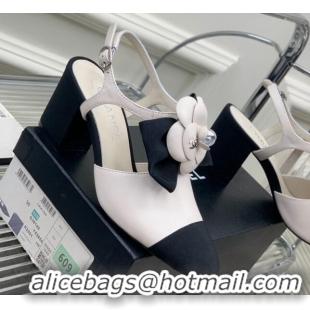 Duplicate Chanel Calfskin Pumps with Camellia Bloom 7cm White 505076