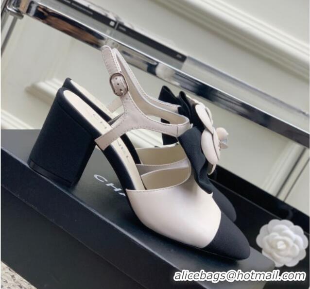 Duplicate Chanel Calfskin Pumps with Camellia Bloom 7cm White 505076