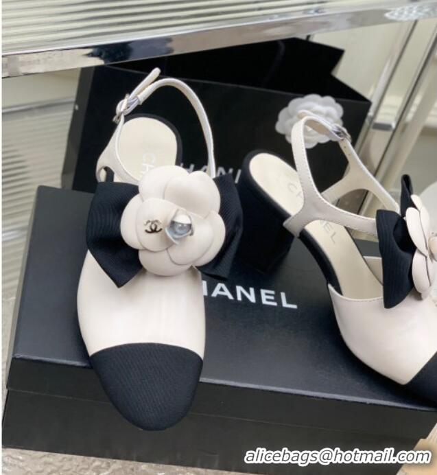 Duplicate Chanel Calfskin Pumps with Camellia Bloom 7cm White 505076