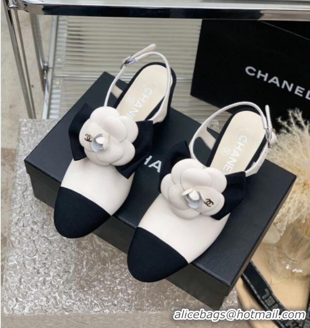 Duplicate Chanel Calfskin Pumps with Camellia Bloom 7cm White 505076