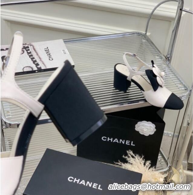 Duplicate Chanel Calfskin Pumps with Camellia Bloom 7cm White 505076