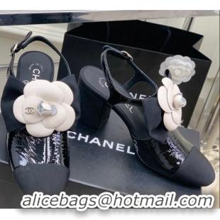 Sumptuous Chanel Wax Leather Pumps with Camellia Bloom 7cm Black 505077