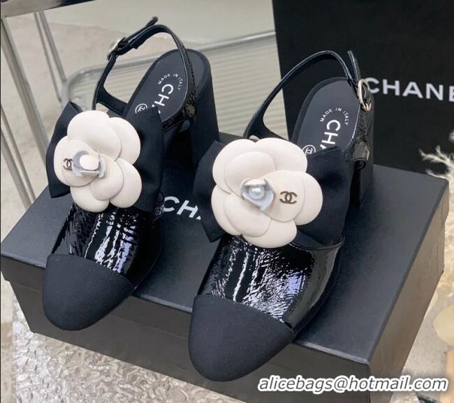 Sumptuous Chanel Wax Leather Pumps with Camellia Bloom 7cm Black 505077