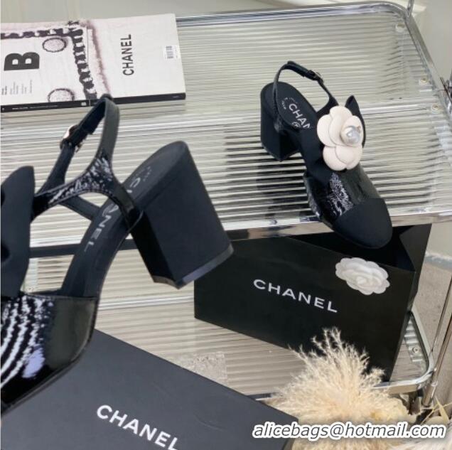 Sumptuous Chanel Wax Leather Pumps with Camellia Bloom 7cm Black 505077