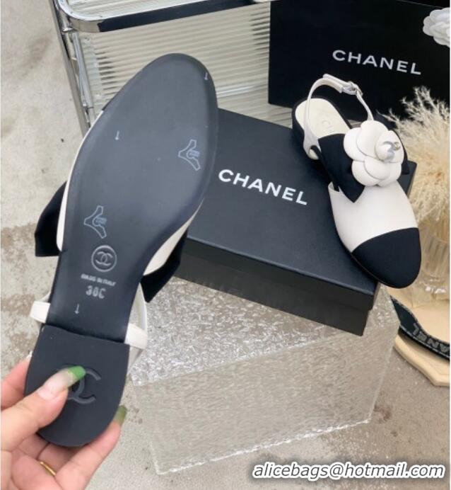 Best Grade Chanel Calfskin Flats Shoes with Camellia Bloom White 505078