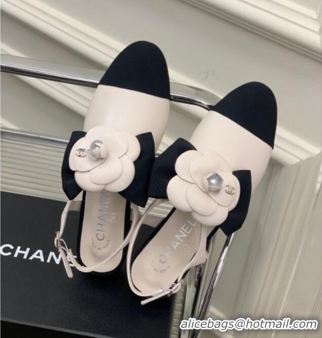 Best Grade Chanel Calfskin Flats Shoes with Camellia Bloom White 505078