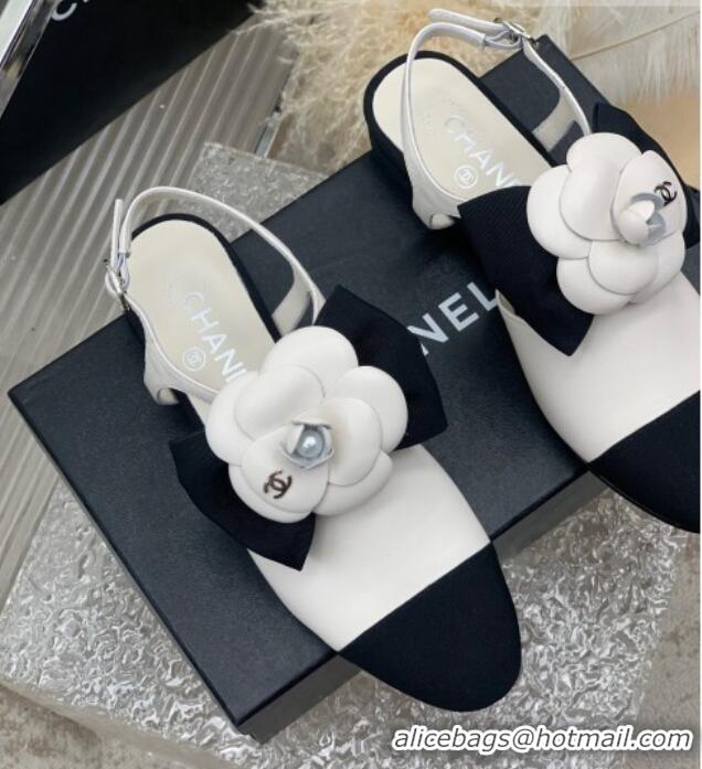 Best Grade Chanel Calfskin Flats Shoes with Camellia Bloom White 505078